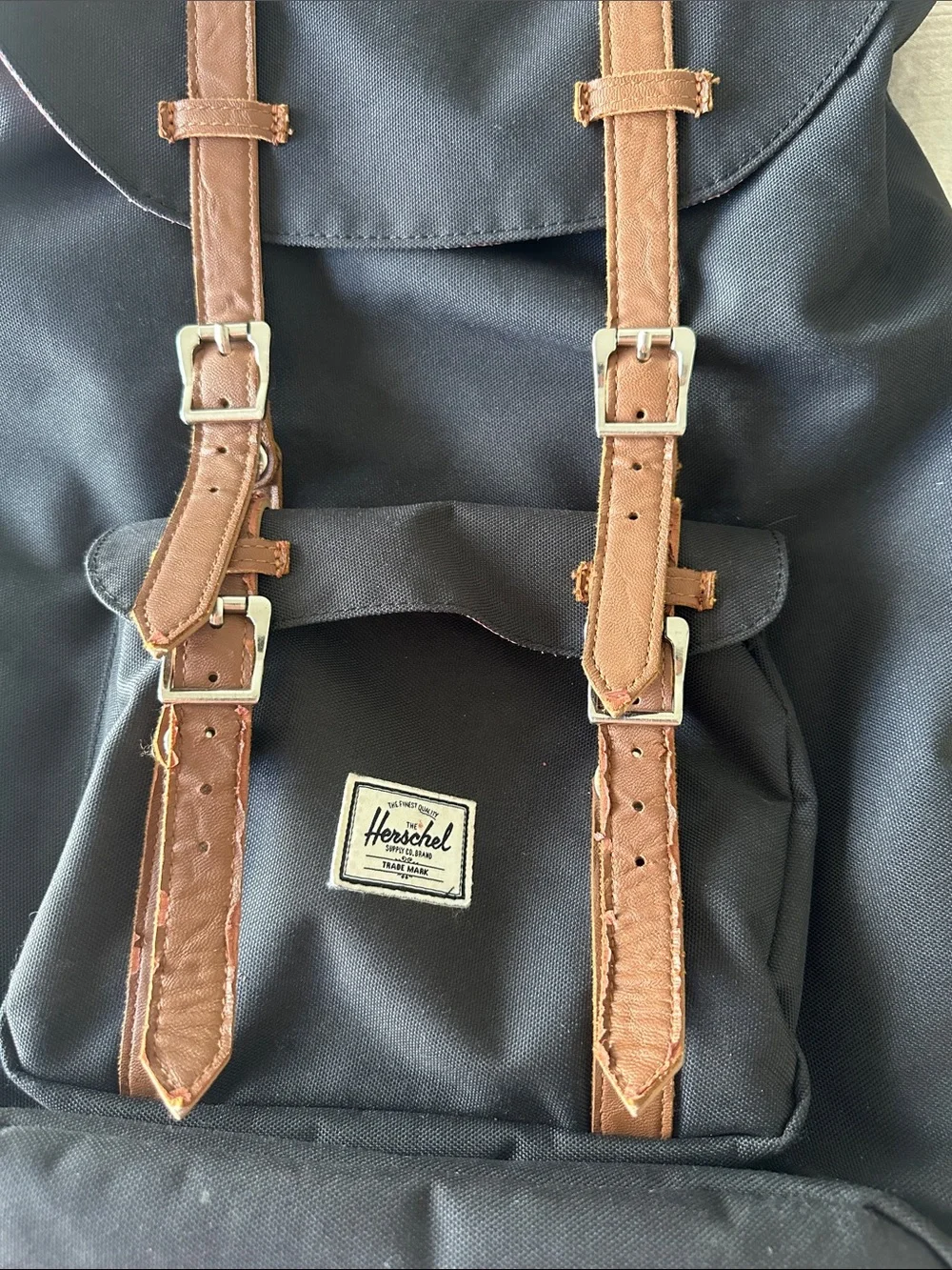 Herschel Black Backpack with Brown Leather Straps